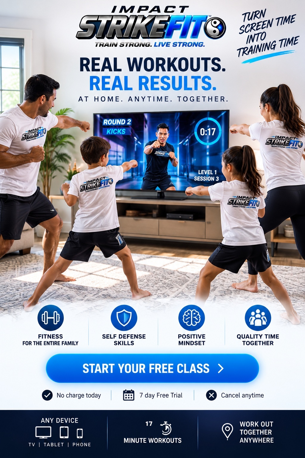 Start your free class. Real workouts, real results, at home, anytime, together.